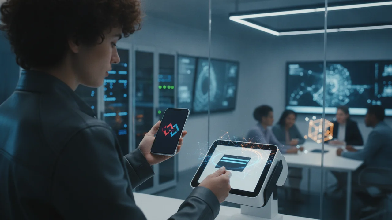 A diverse person looking at a smartphone screen that displays an abstract notification icon, suggesting a security alert