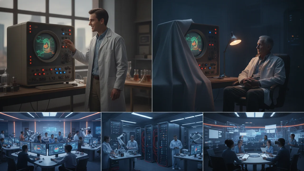 A split-panel image. On the left, a youthful researcher in a bright 1950s-style lab, standing excitedly next to a large, boxy early computer with blinking lights, looking hopefully at an abstract grap