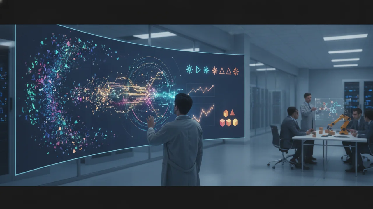 A sophisticated, clean data visualization is displayed on a large screen, illustrating artificial intelligence processing complex information