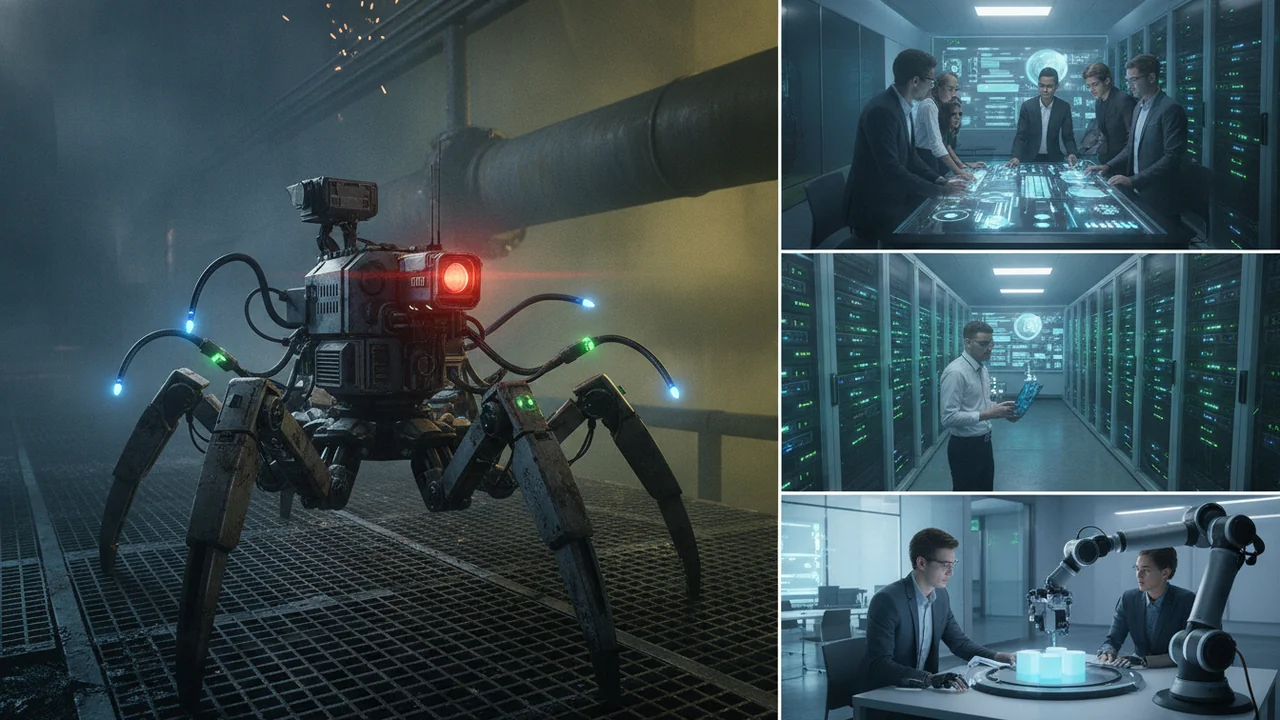 A specialized, multi-limbed robot with a rugged, metallic exterior operating in a challenging, non-human environment like a dark, smoky industrial facility or a deep underwater exploration site