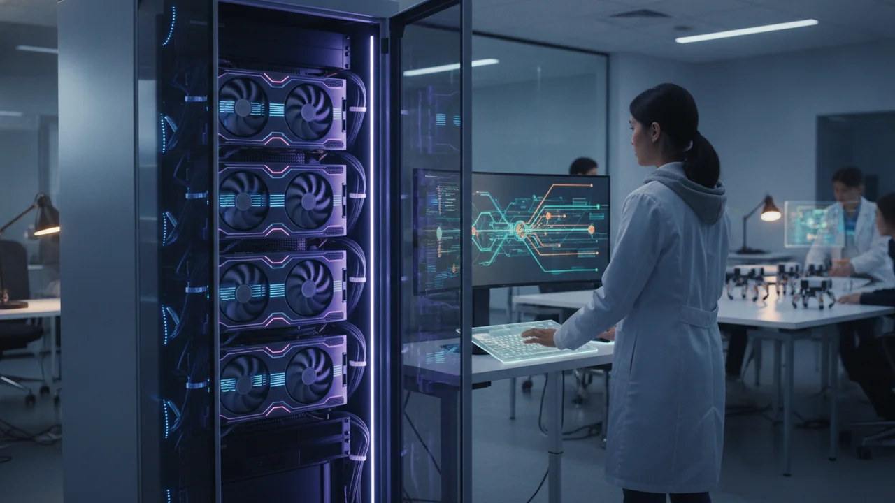 A modern, high-performance computing workstation or server rack in a lab or data center environment