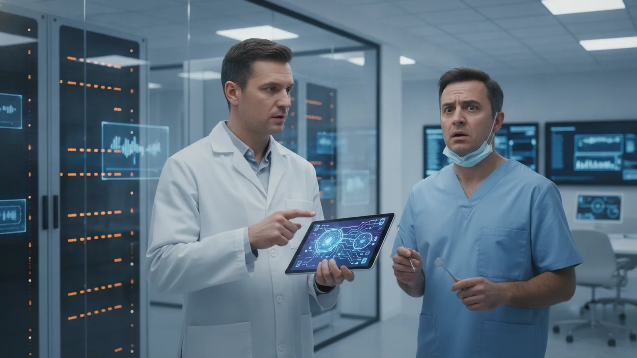 A researcher in a lab coat, holding a tablet displaying a complex but abstract diagram of neural networks and data flows, gestures inquisitively towards a dentist