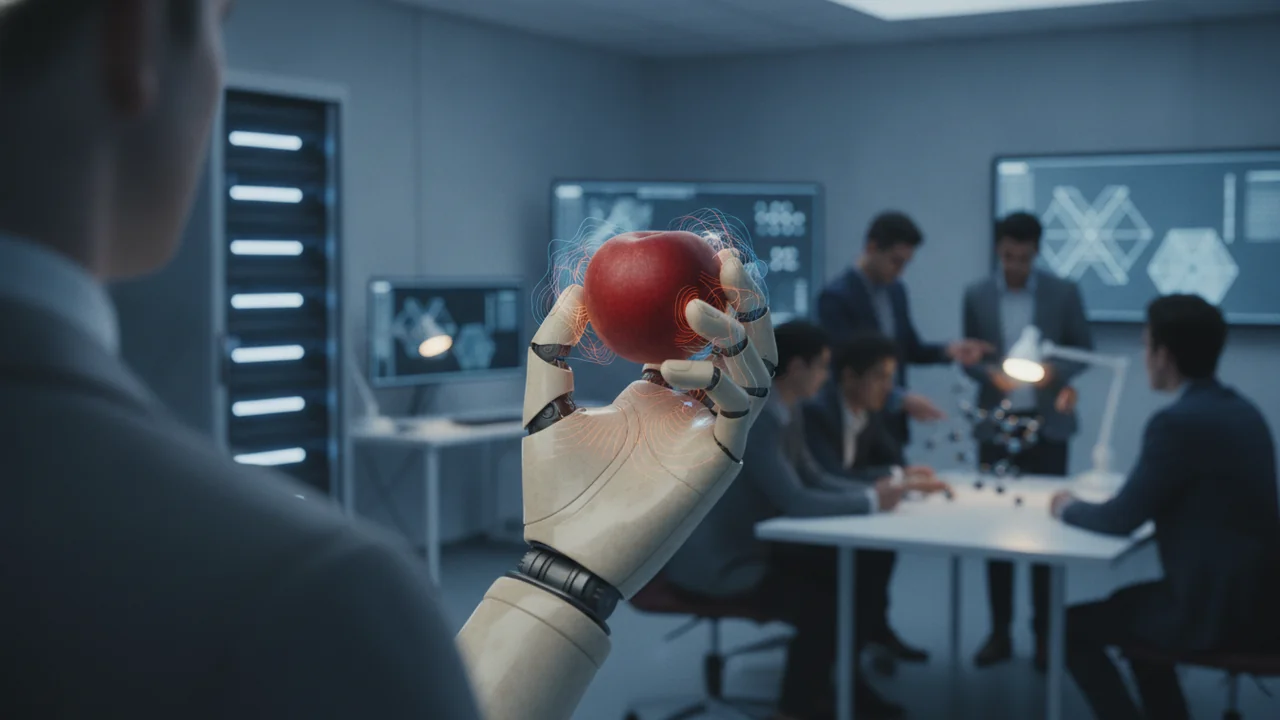 A close-up of a sophisticated robot's articulated hand, featuring a flexible, subtly textured surface resembling artificial skin