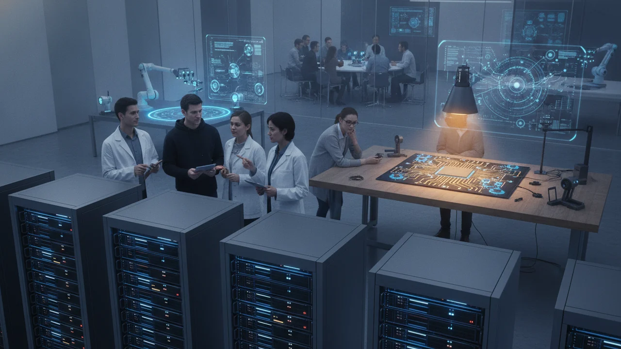In a modern, bustling AI research lab, a diverse team of researchers are confidently interacting with large racks of humming, conventional server equipment that dominate the foreground, indicating wid