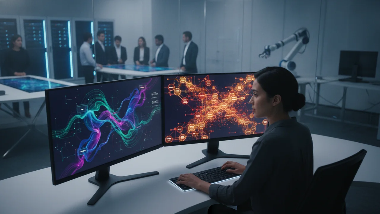 A researcher or AI user sits at a desk, looking intently at two separate but adjacent computer monitors