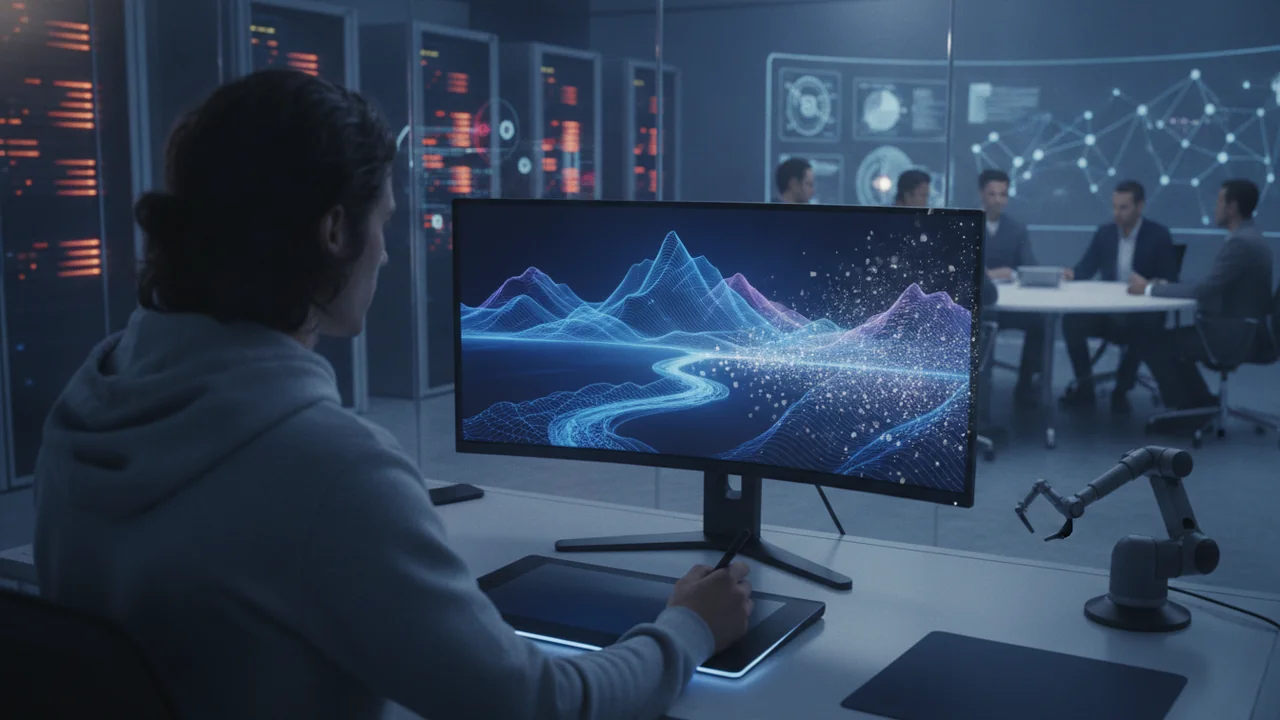 A digital artist or AI developer is at a workstation with a large, high-resolution monitor