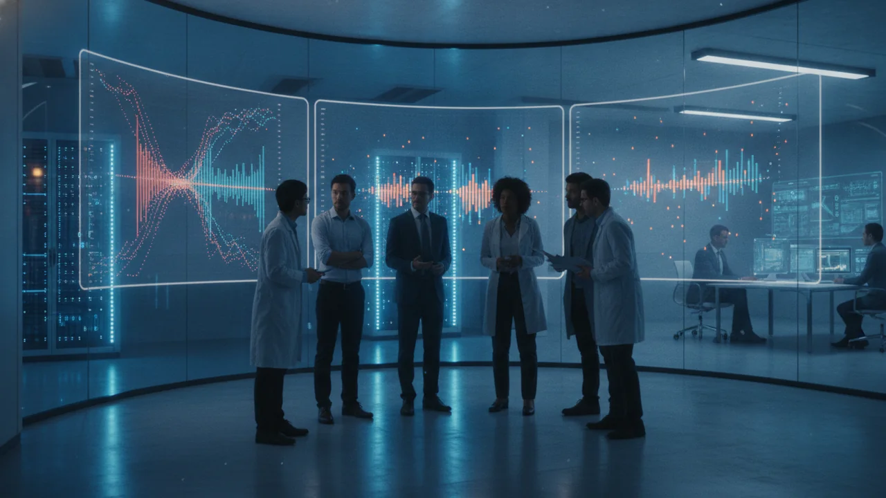 A diverse team of data scientists and AI developers, looking intently at a series of large, interconnected display screens in a modern lab