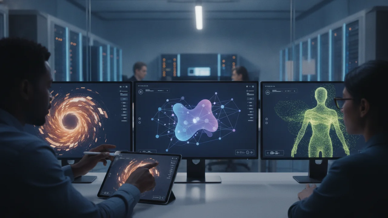 A diverse group of three professionals in a bright, modern office or co-working space