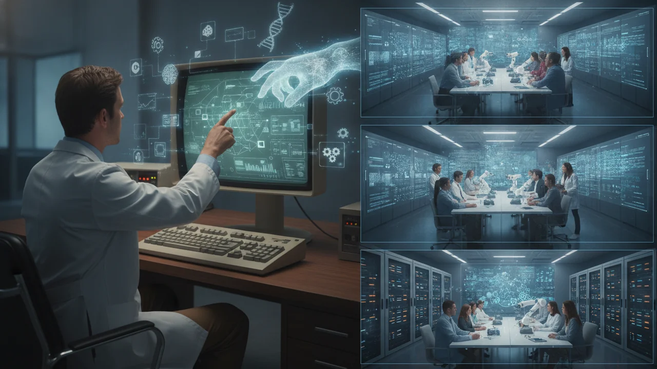 A medical doctor from the 1970s or 80s era, wearing a lab coat, sitting at a desk and interacting with a vintage, large computer terminal