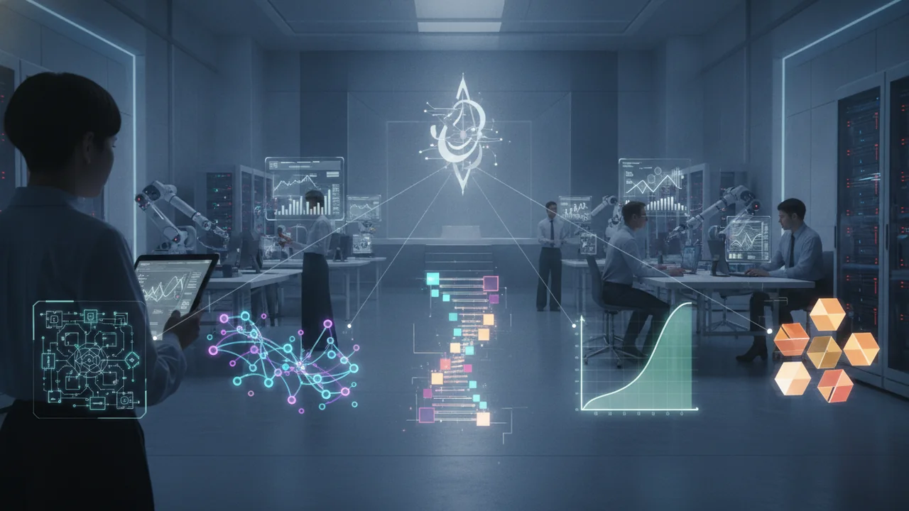 Five distinct graphical representations, each symbolizing a "tribe" of machine learning: a complex logic gate network, a vibrant neural network diagram, an evolving genetic code sequence, a statistica