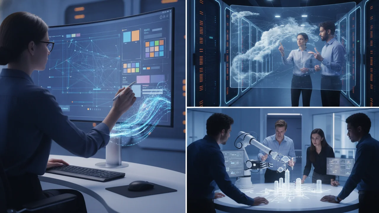 A graphic designer is seated at a modern workstation, intensely focused on a large interactive digital design tablet or screen