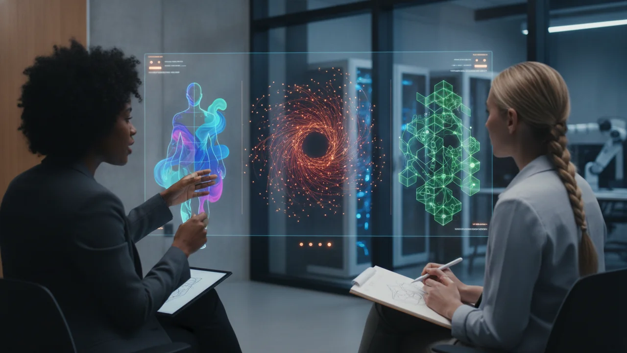 A diverse group of three professionals (e.g., a copywriter, a marketing strategist, a project manager) are gathered in a collaborative meeting space