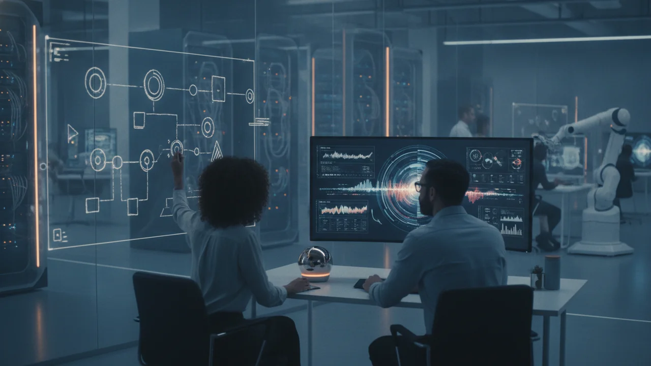 Two adult people, diverse in appearance, are collaborating in a modern workspace