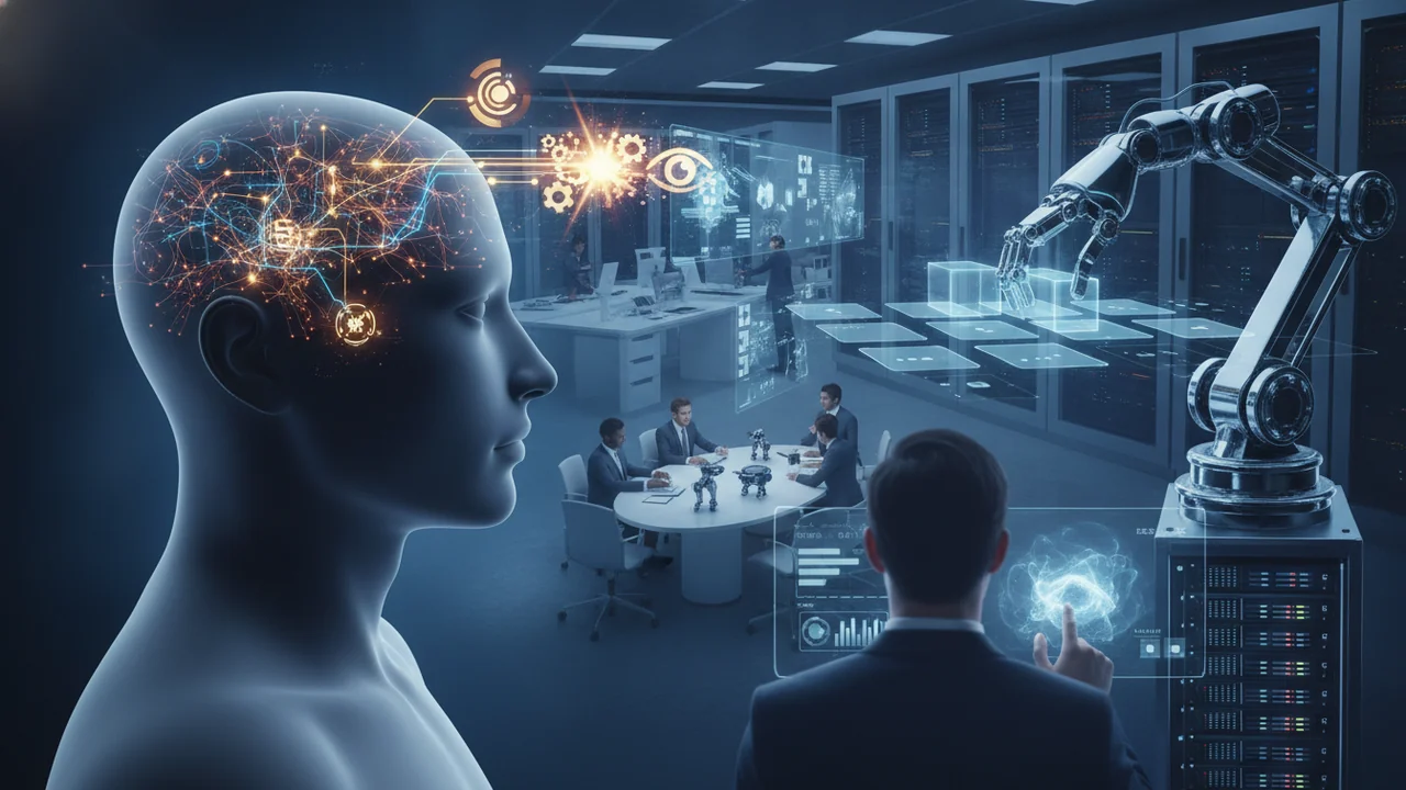 A stylized composite image. On one side, a human head in profile, with glowing neural pathways and abstract symbols representing learning, reasoning, and insight emanating from it, illustrating comple