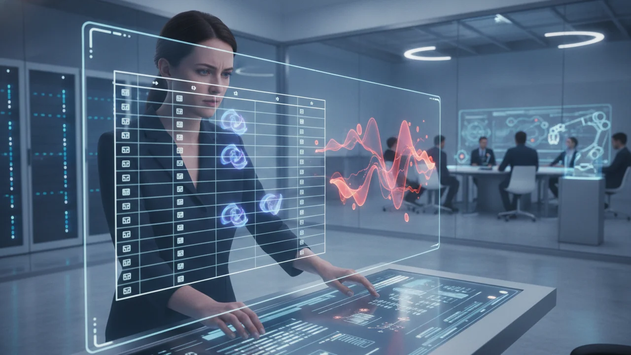 An AI professional, with a look of concentration and concern, points to a large digital screen displaying a tabular dataset