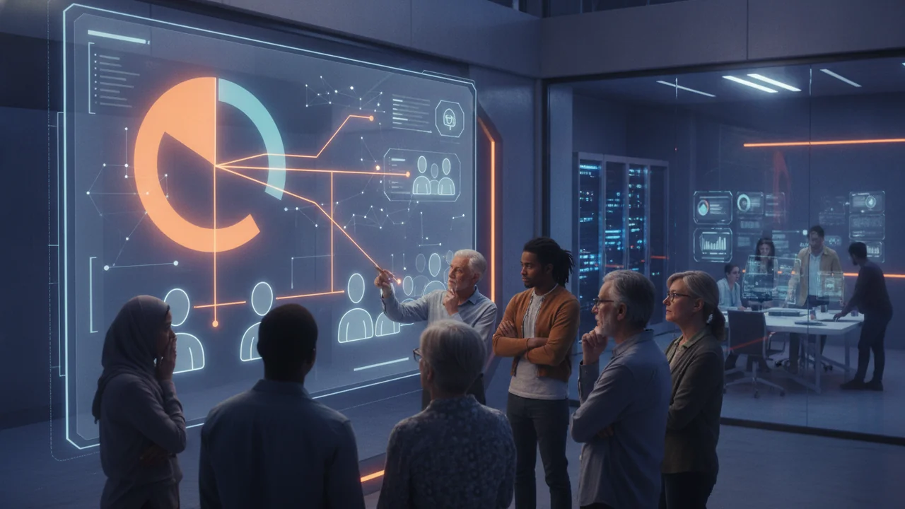 A group of diverse individuals, including people of different ages, genders, and ethnicities, are gathered around a large digital display