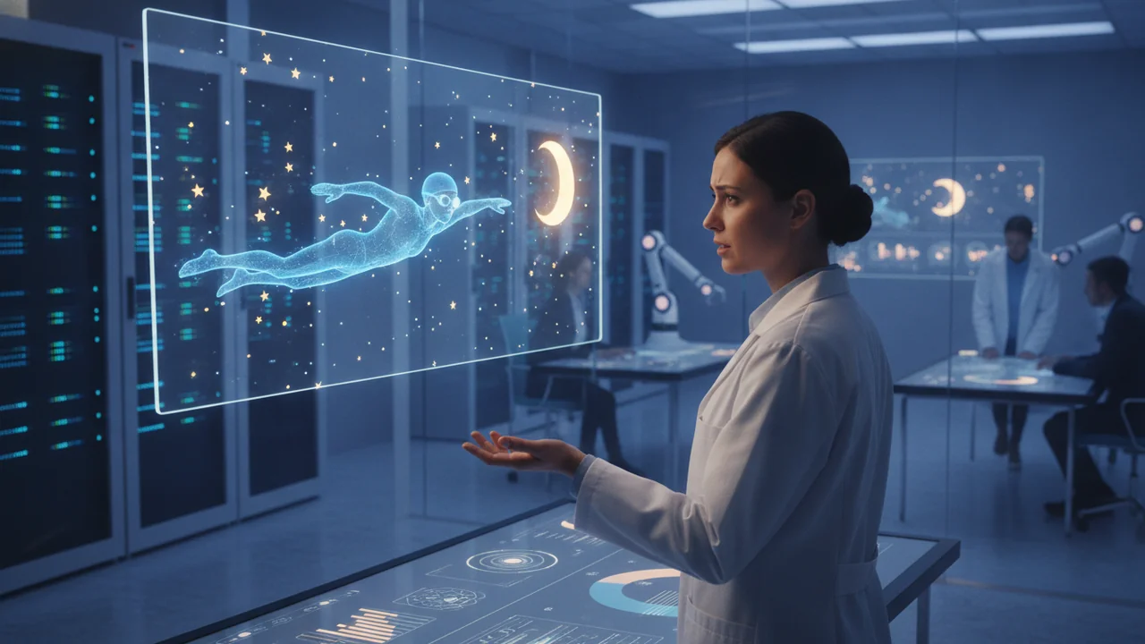 A person is gesturing at a holographic projection or a transparent screen showing a whimsical, absurd scenario: a stylized human figure wearing a swim cap and goggles, attempting to 'swim' through a s