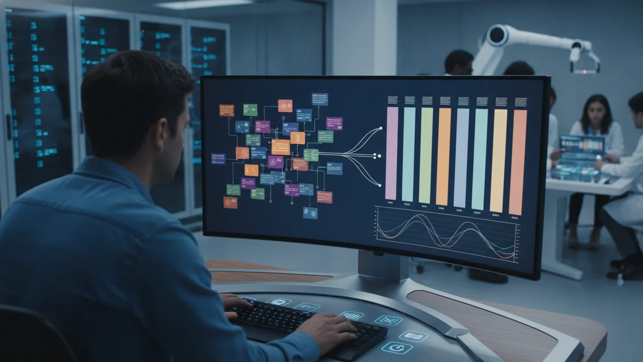 A data scientist, focused intently on a large monitor at a modern workstation