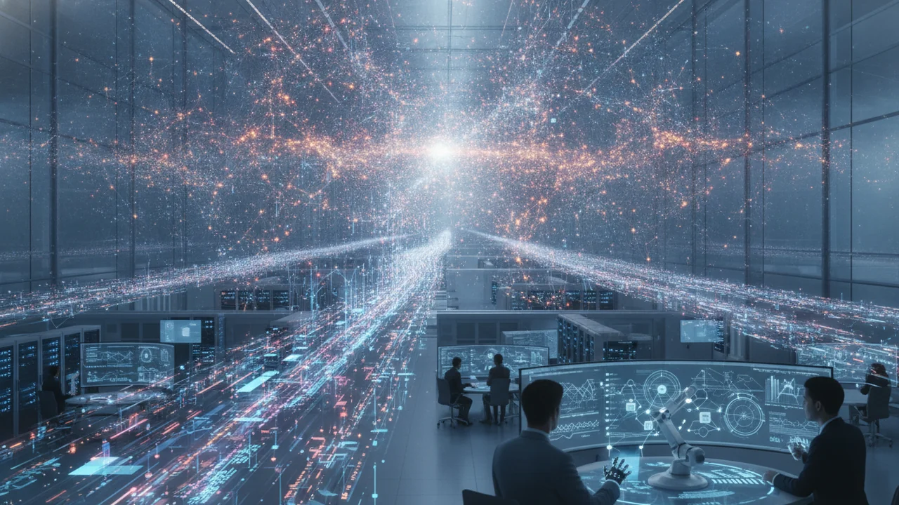 A vast, intricate neural network structure, glowing with countless interconnected nodes and pathways, stretching into the distance like a dense digital galaxy