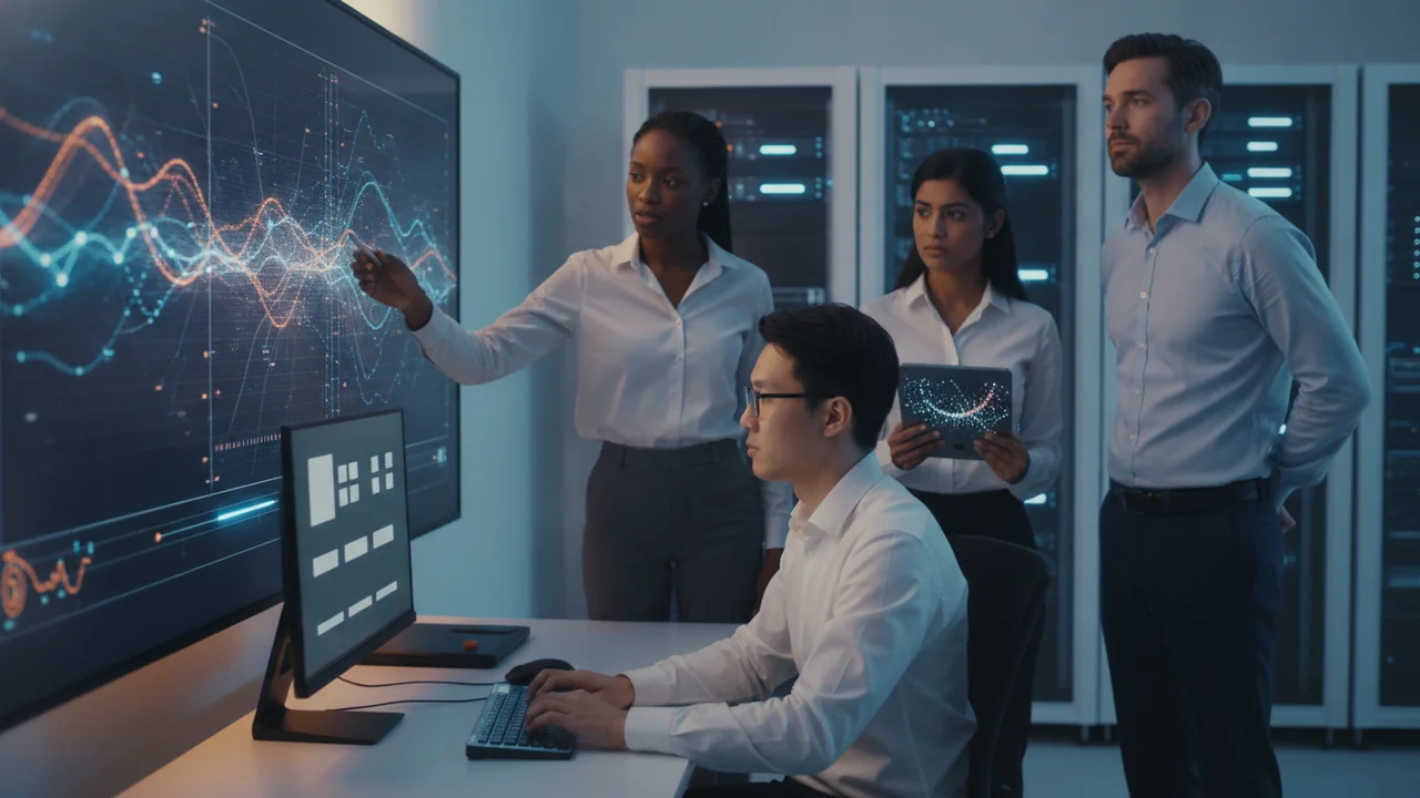 A diverse group of four modern AI researchers collaborating in a bright, contemporary lab
