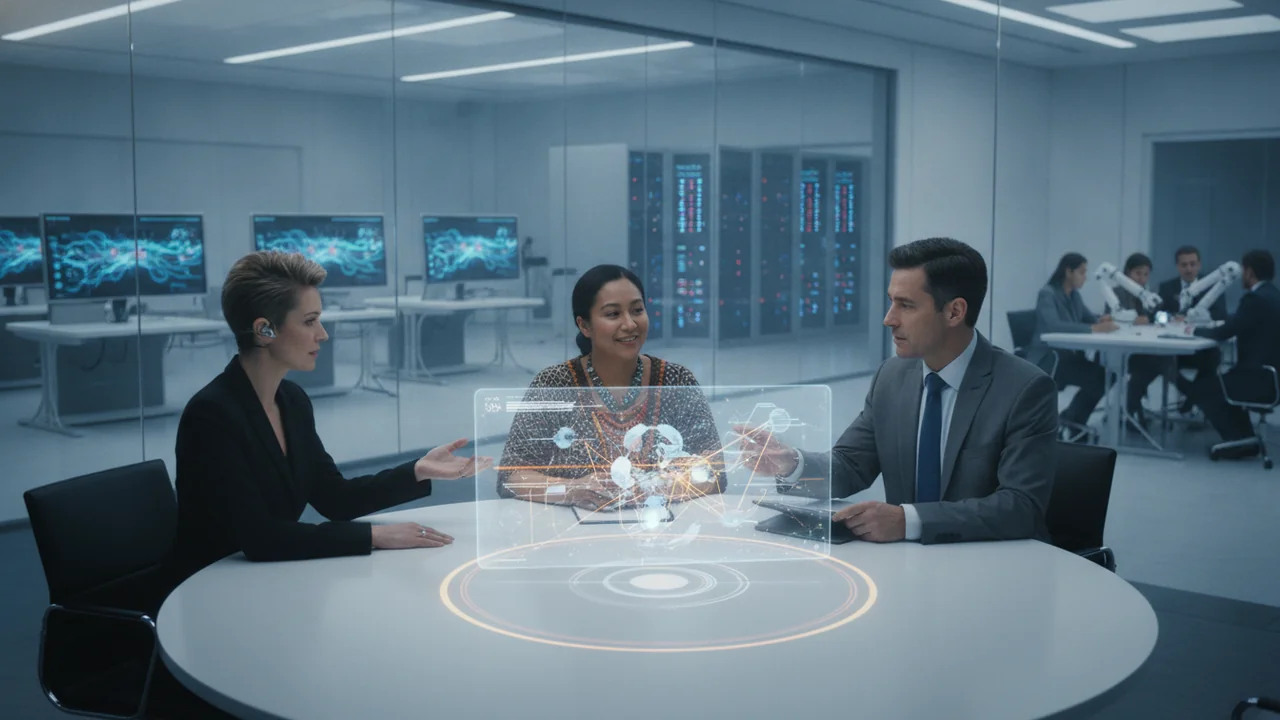 A group of three to four individuals from distinct professional backgrounds – including a technologist, a community representative, and a person in business attire – are engaged in a collaborative dis