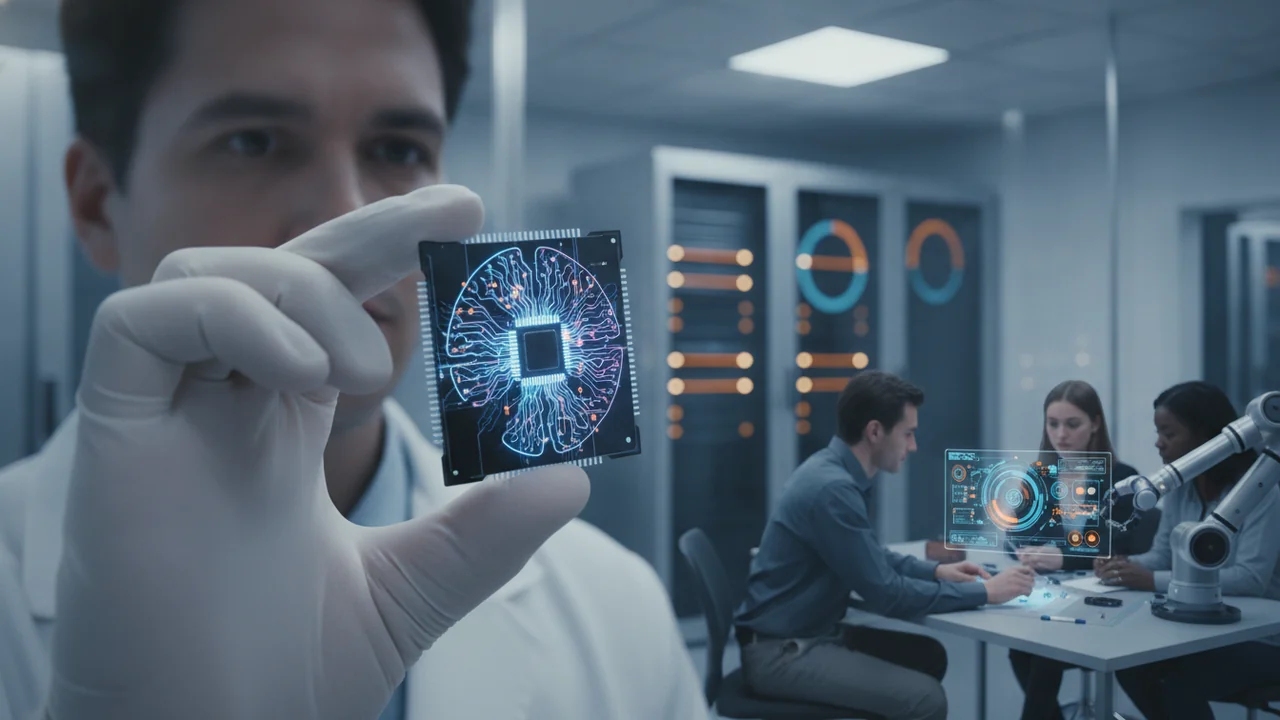 A close-up of a futuristic, sleek neuromorphic chip, held carefully between a researcher's gloved fingers in a clean lab setting
