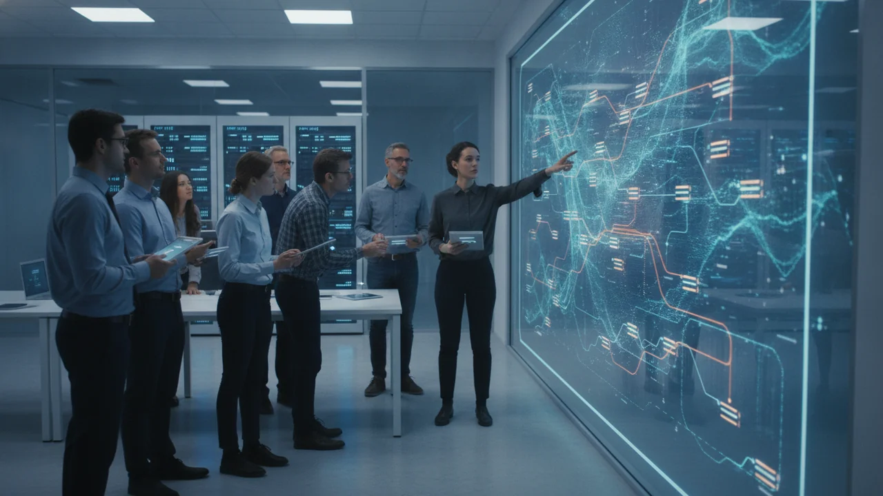 A diverse team of modern AI researchers, men and women of various ages, actively collaborating in a contemporary, brightly lit lab