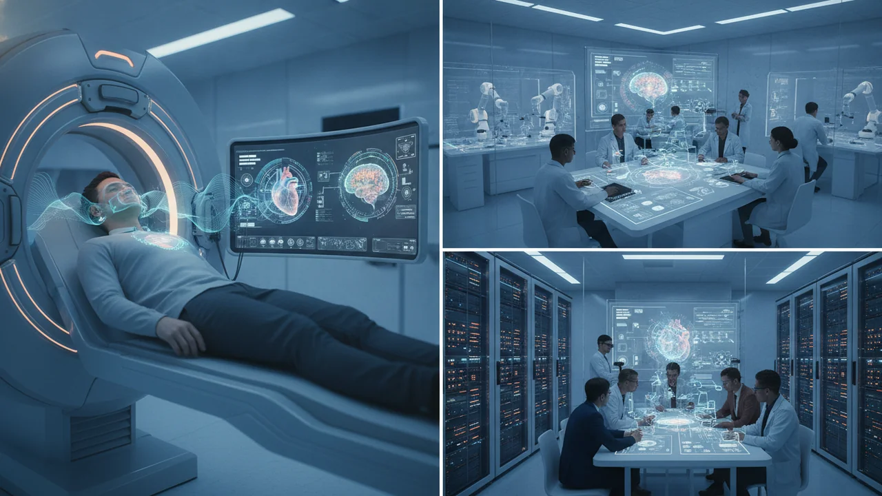 Inside a futuristic, sterile medical facility, a patient lies within an advanced medical imaging machine