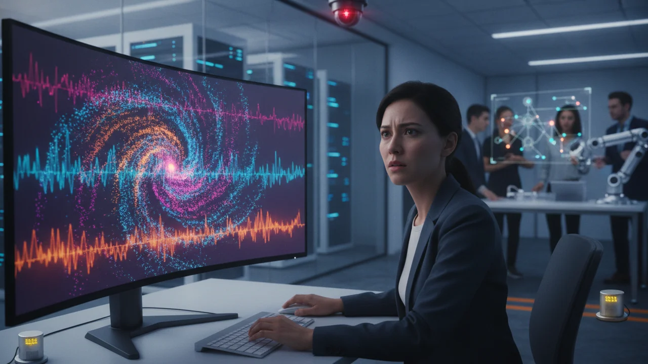 A data scientist sits at a computer workstation, looking with concern at a large monitor displaying a highly abstract, visually distorted, and chaotic data visualization (e.g., a jumbled cluster of co