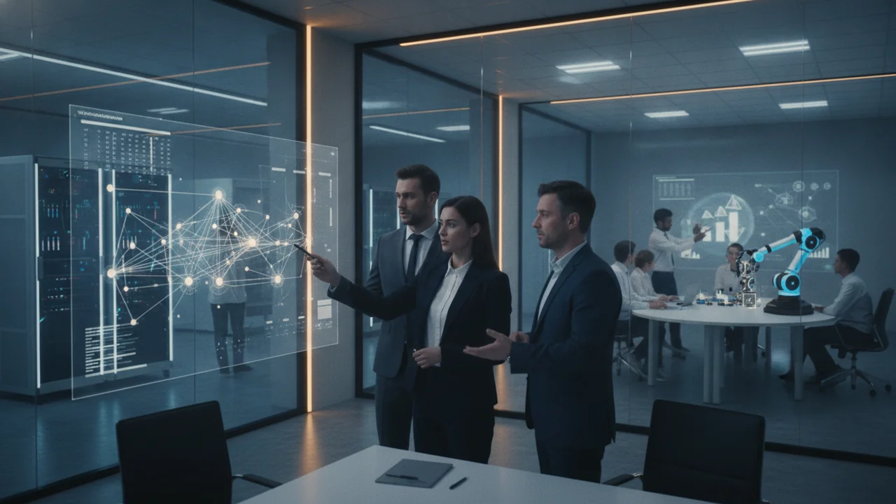 A diverse group of four business leaders, two men and two women, in a modern, well-lit conference room