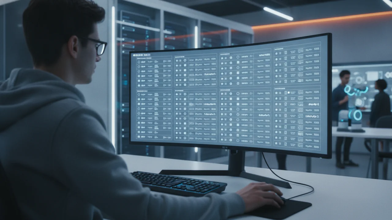 A data analyst or a researcher sits focused at a desk, looking at a large monitor displaying a clean, grid-like digital interface