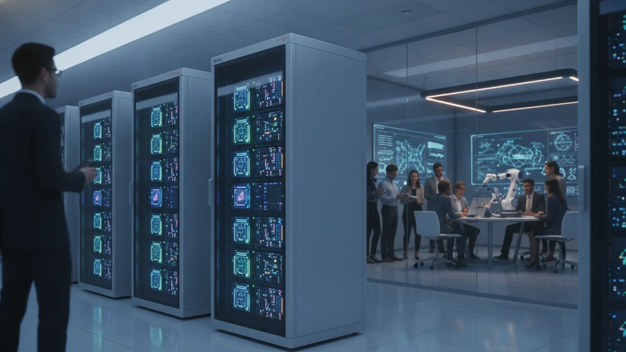 A pristine, modern server rack inside a large, cool data center