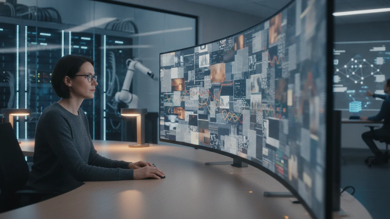 A media professional or a content creator sits at a desk, looking at a large monitor displaying a chaotic, dense digital collage of different media types