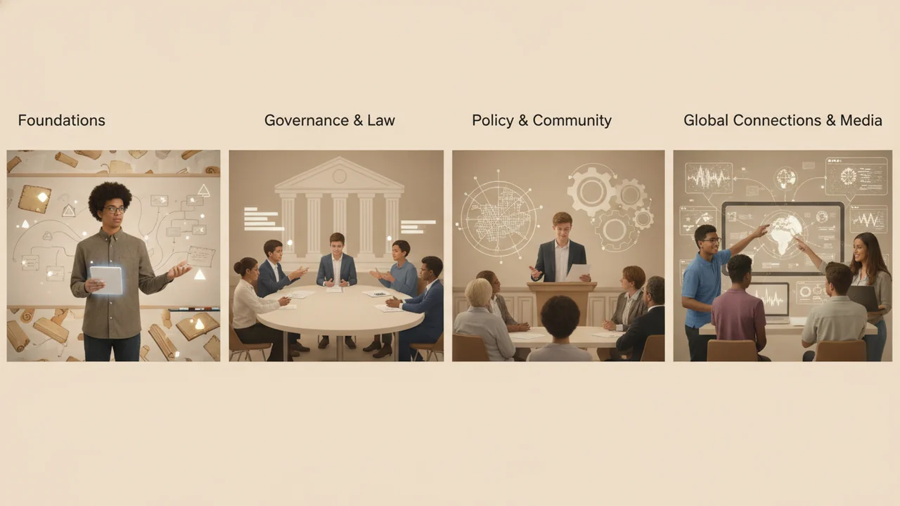 A dynamic visual representation of the four economics units, arranged sequentially from left to right