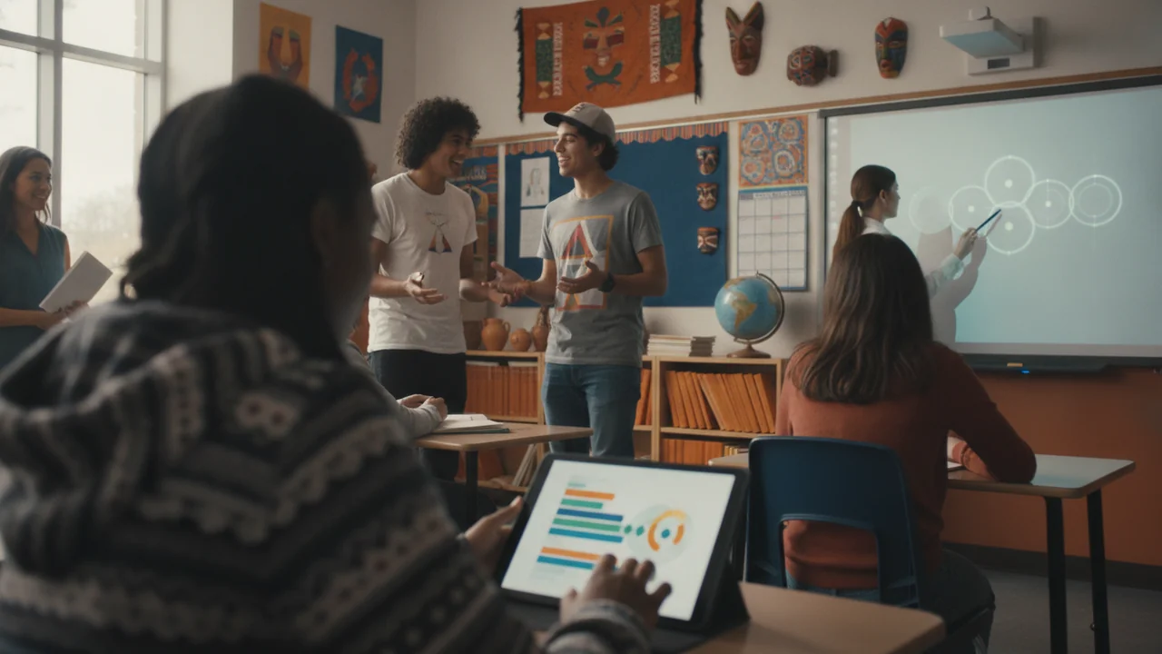 Three high school students are actively engaged in different communication modes in a contemporary Spanish classroom