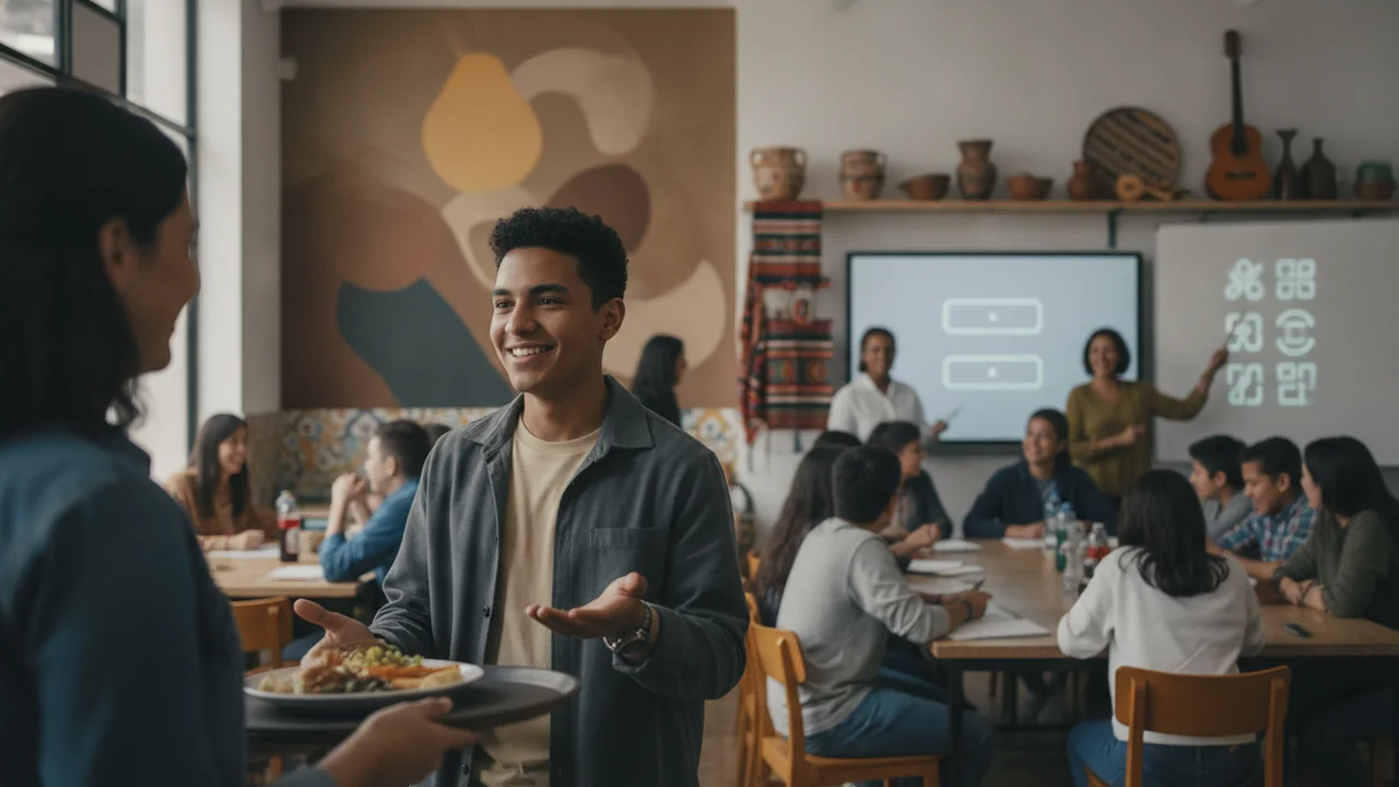 A diverse high school student confidently and successfully ordering food from a friendly server at a lively, casual restaurant