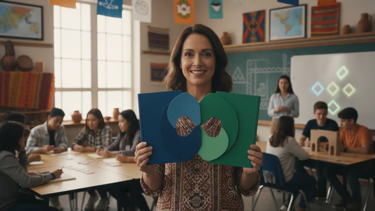 Two distinct, abstract book-like shapes, one colored blue and the other green, are shown