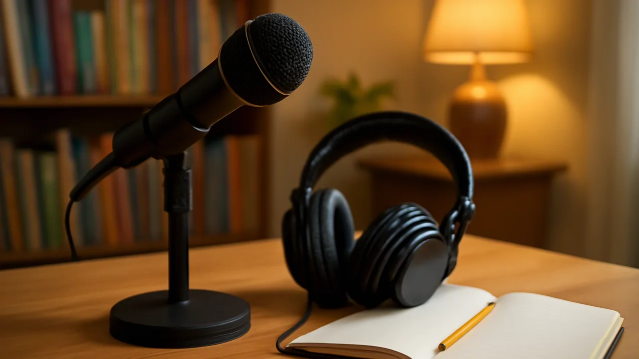 A diverse group of middle school students sit around a table at home, each with over-ear headphones and small microphones, looking engaged as they brainstorm ideas for retelling a story as a podcast e