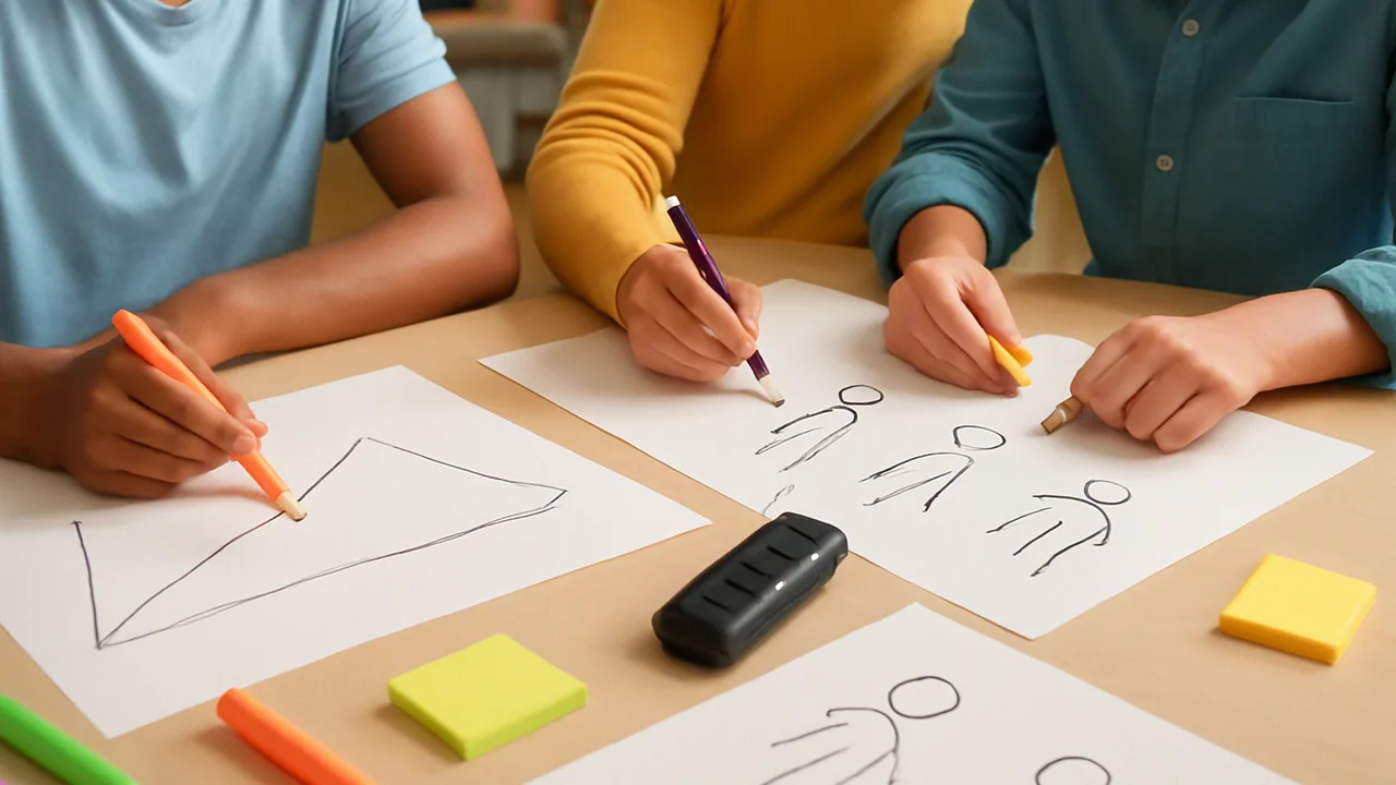 Hands of several students sketching a simple plot diagram and character outlines on large sheets of paper