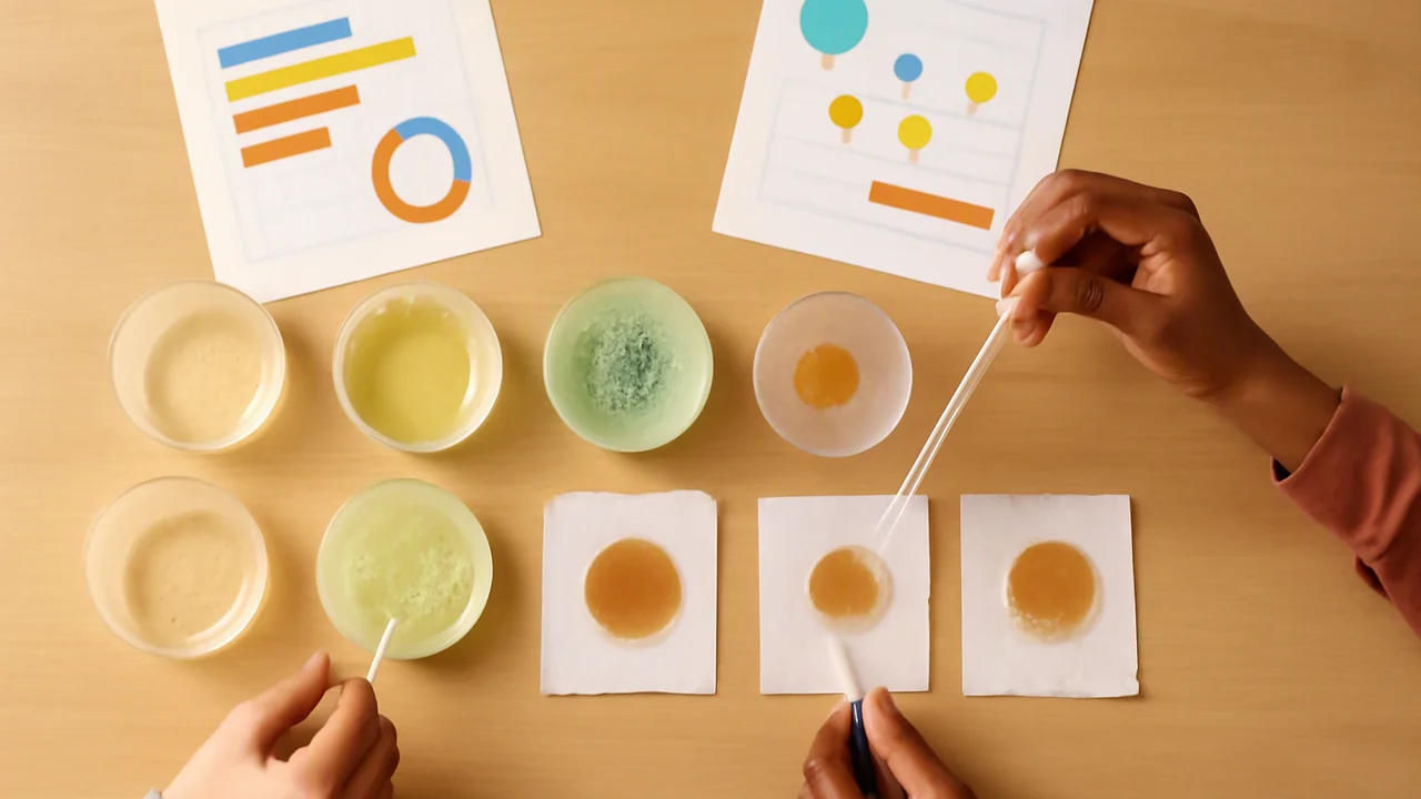 An overhead shot of several small containers, each filled with different mixtures of cleaning solution ingredients