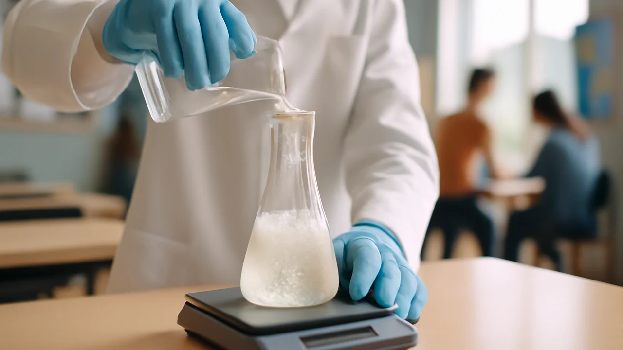 Hands (only) of a student wearing a long-sleeved lab coat and gloves pouring liquid from a beaker into a flask, with bubbles rising inside the flask to depict the gas being produced from the reaction