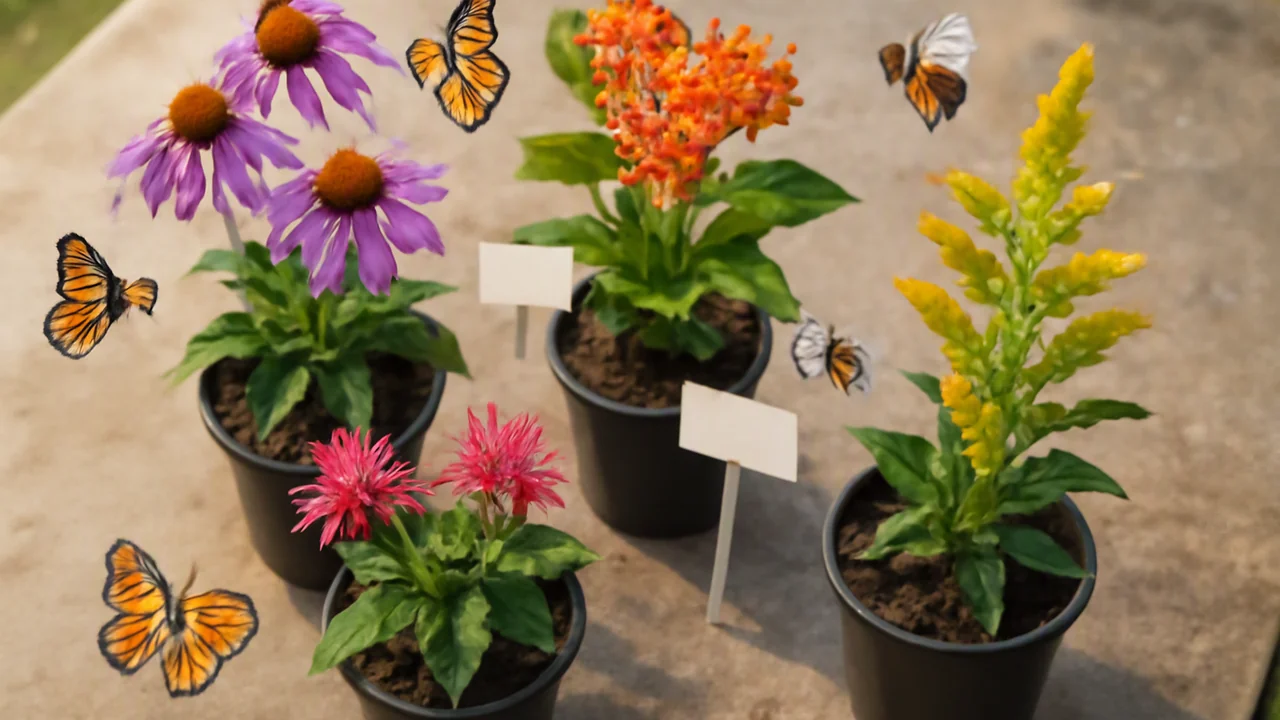An overhead display of several native flowering plants suitable for attracting bees and butterflies