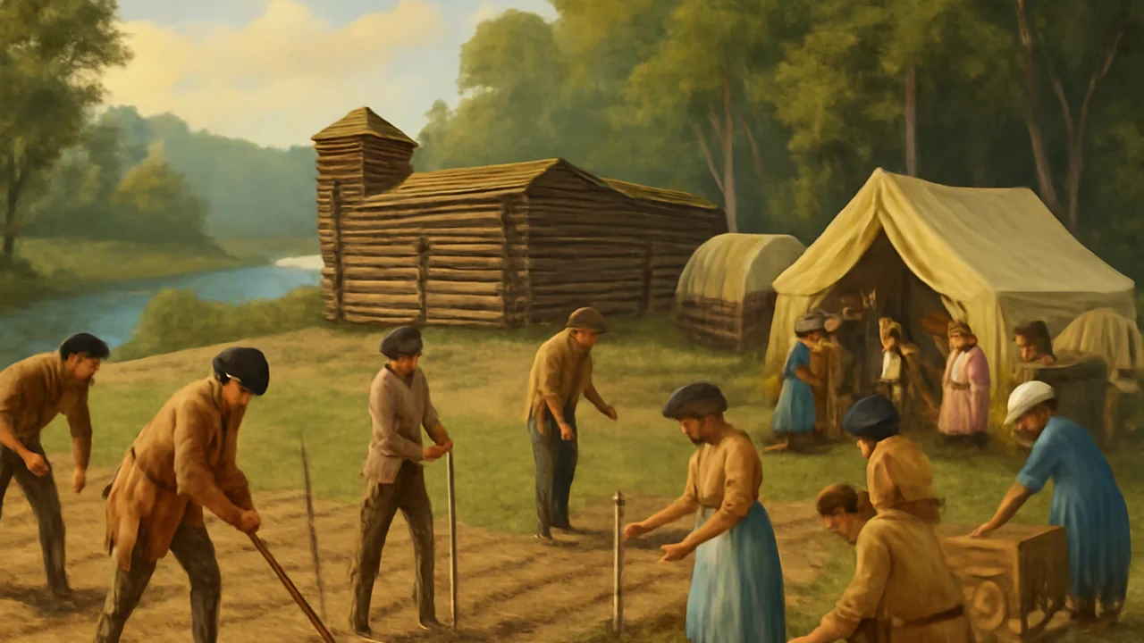 British frontier settlers and surveyors clear a patch of land beside the river, constructing a modest log fort