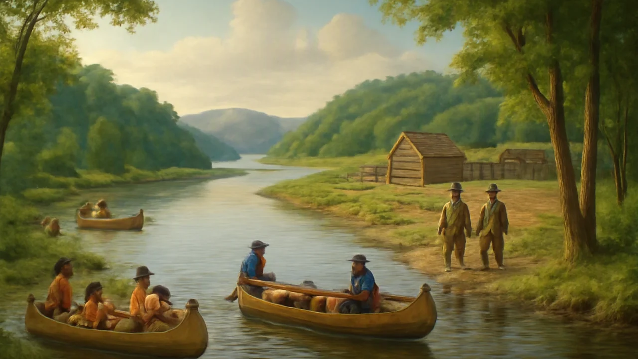A sweeping landscape view of the forks of the Ohio River in the 1750s, where two rivers converge to form a third