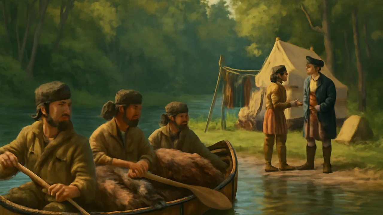 French voyageurs and fur traders paddle their canoes along the Ohio River, passing through dense forests