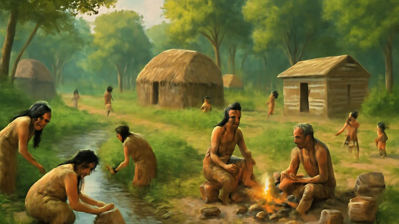 A tranquil scene inside a Native American village in the Ohio Country