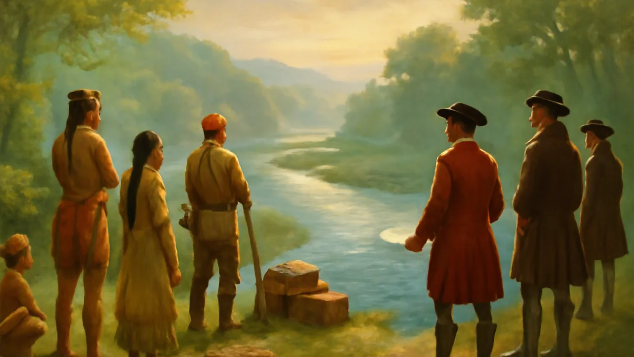 A symbolic landscape scene at the river forks, showing three groups—Native American peoples, French voyageurs, and British colonists—standing on different sides of the river, each gazing at the land