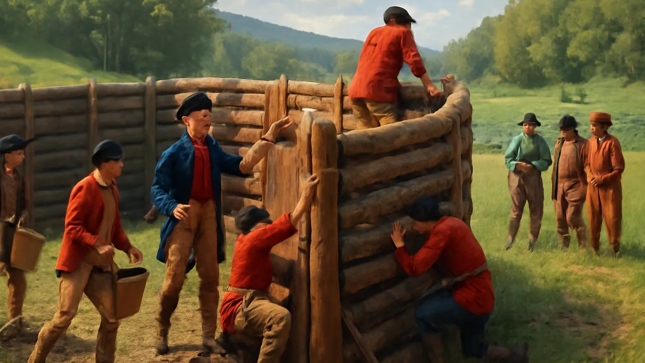 A round wooden log fort sits in a grassy Pennsylvania meadow bordered by thick forest in early summer