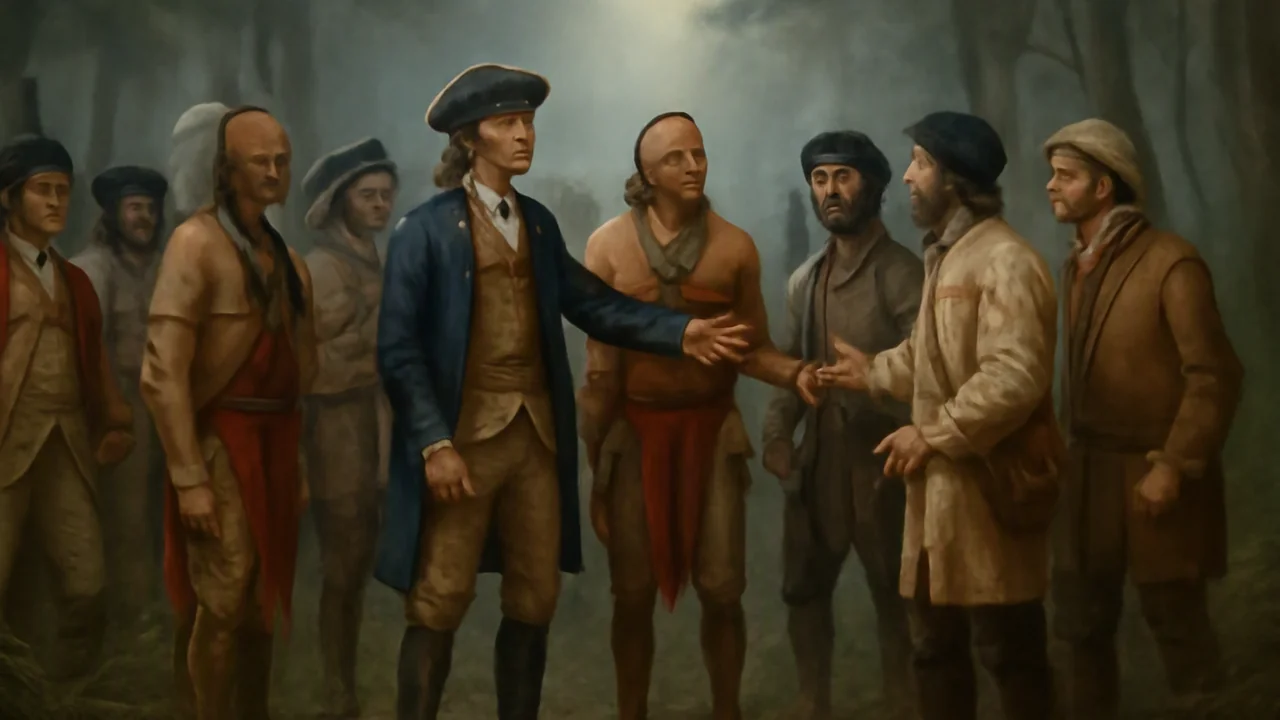 In a misty forest clearing surrounded by tall trees, a tense moment between George Washington's mixed group of British colonial soldiers and Native warriors, and a small party of French voyageurs in p
