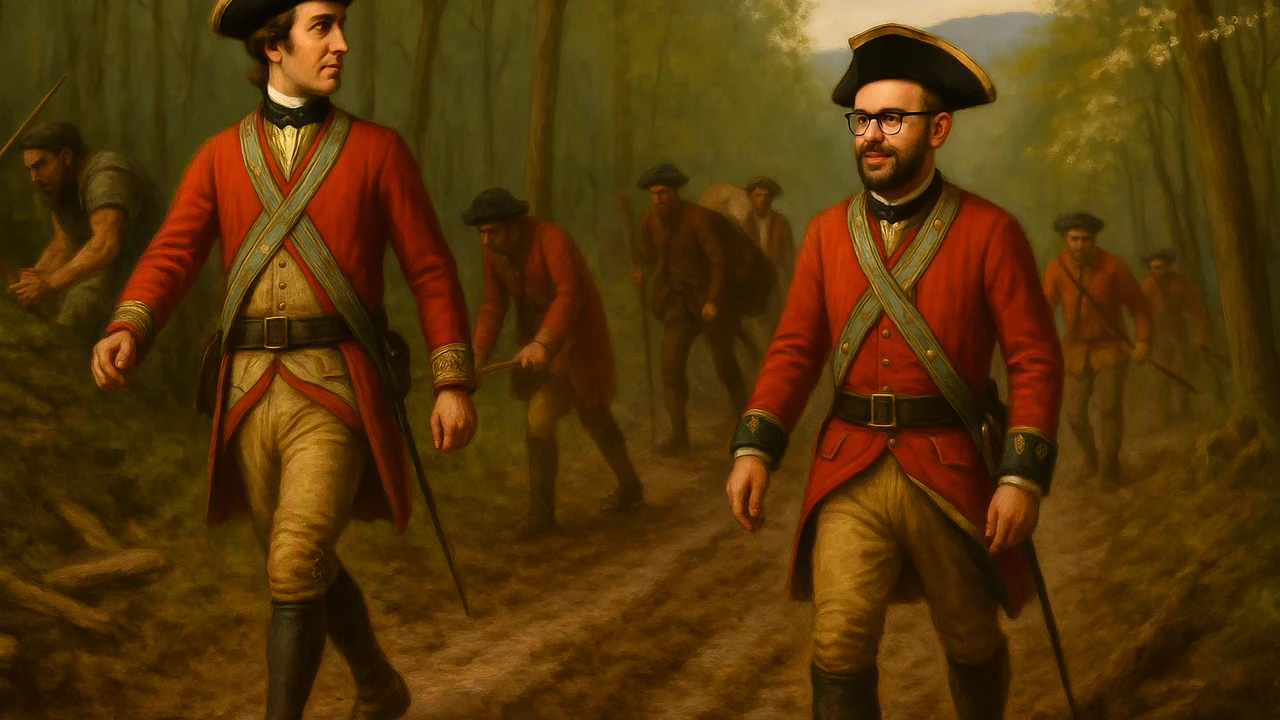 A young officer dressed in colonial-era British attire leads a small group of soldiers and a Native leader (Tanacharison, wearing traditional attire) along a muddy forest trail in spring